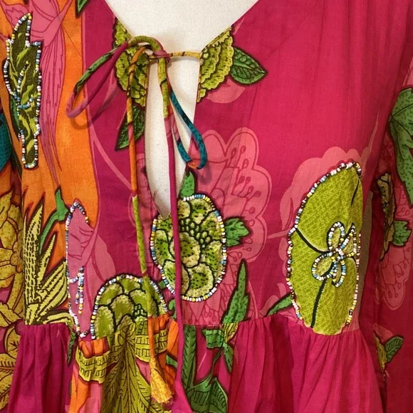 Velzera Hot Pink Long Sleeve Tiered Mini Dress, Size Medium, runs small, Floral - Picture 3 of 7